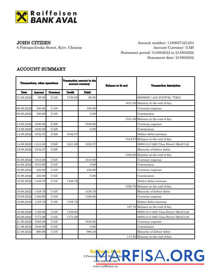 Realistic Ukraine Raiffeisen bank statement excel sample